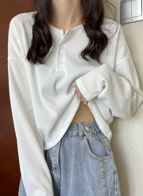 White Half-Buttoned Long Sleeves T-Shirt | Ningning - Aespa