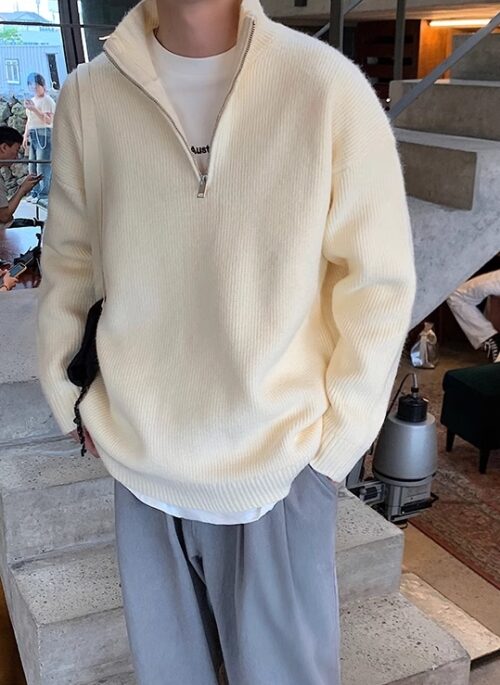 Beige Half-Zip Stand Collar Sweater | RM - BTS