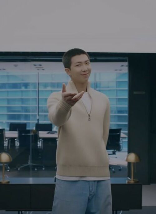 Beige Half-Zip Stand Collar Sweater | RM - BTS