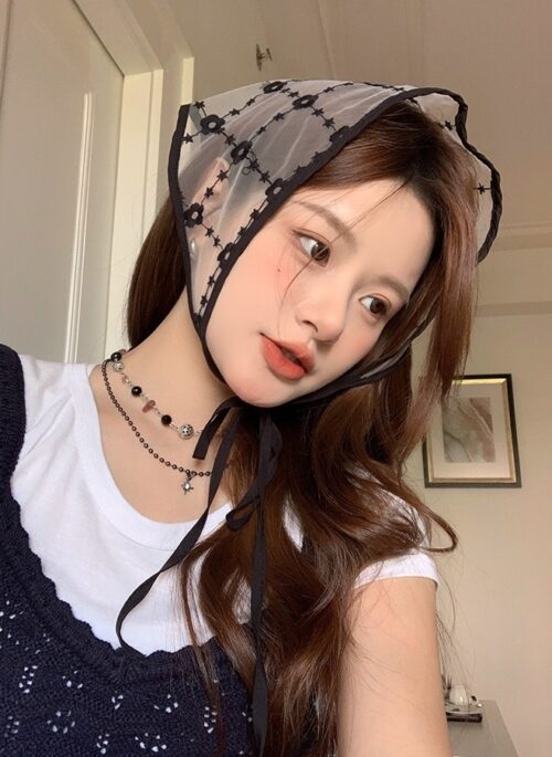 Black Floral Embroidered Head Scarf | Jennie - BlackPink