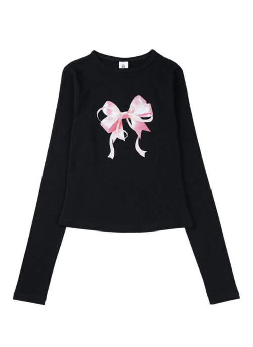 Black Ribbon Print Long Sleeve T-Shirt | Ningning - Aespa