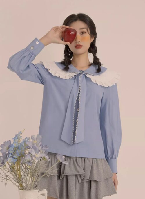 Blue Lace Collar Shirt | Leeseo - IVE