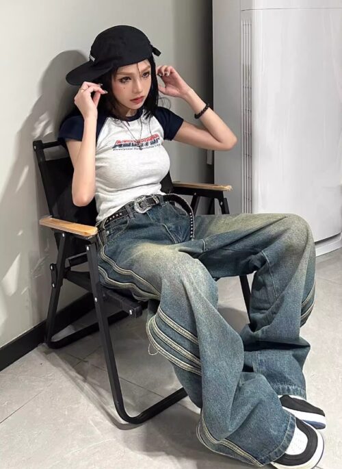 Blue Striped Wide Leg Jeans | Winter - Aespa