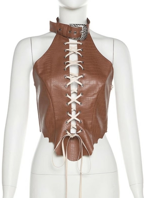 Brown Faux Leather Lace-Up Buckle Top | Chaewon - Le Sserafim