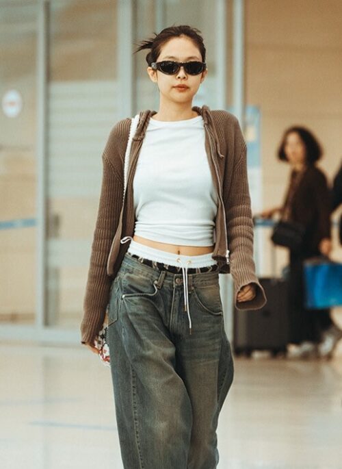 Brown Ribbed Hooded Jacket | Jennie - BlackPink