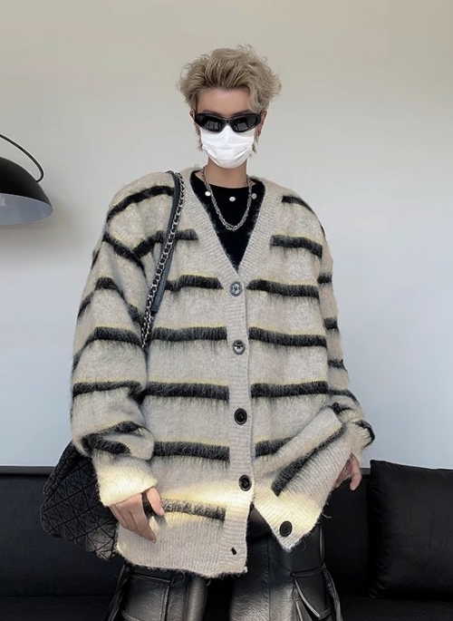 Grey Mohair Striped V-Neck Cardigan | Onew - SHINee