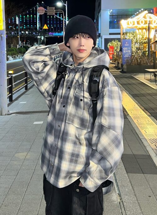 Grey Plaid Hooded Jacket | Mingi - ATEEZ