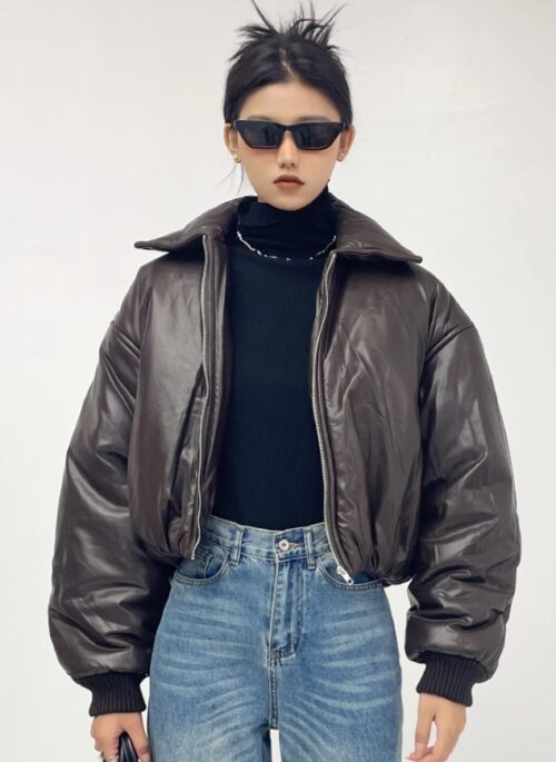 Brown Faux Leather Cropped Puffer Jacket | Jennie - Blackpink