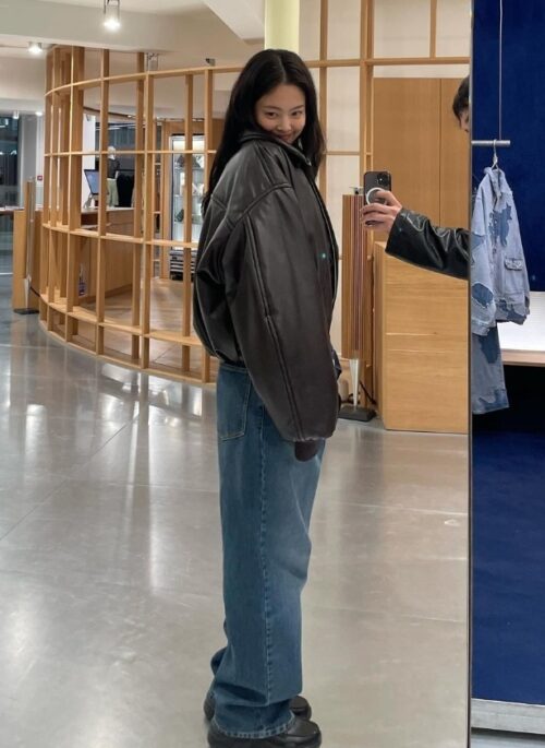 Brown Faux Leather Cropped Puffer Jacket | Jennie - Blackpink