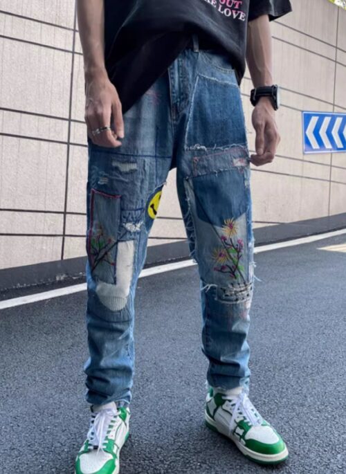 Blue Patchwork Distressed Jeans | Jimin – BTS