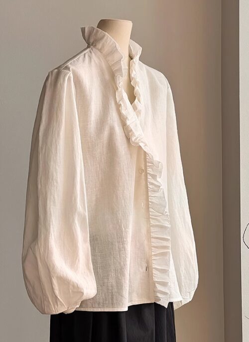 White Ruffled Puff Sleeve Shirt | Jimin - BTS