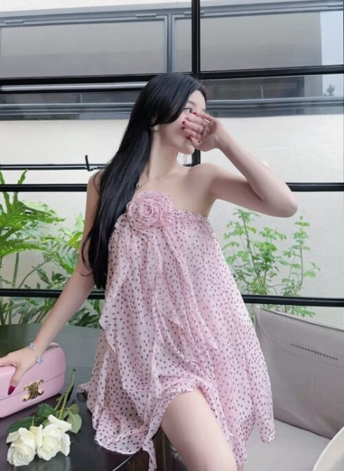 Pink Polka Dot Chiffon Dress | Jisoo – BlackPink