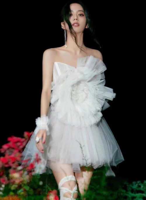 White Tulle Flower Embellished Dress | Jisoo – BlackPink