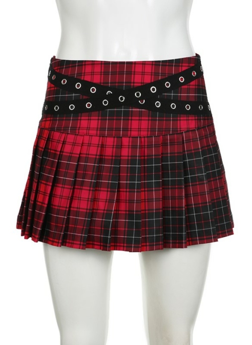 Red Eyelet-Embellished Plaid Skirt | Jiwoo - NMIXX