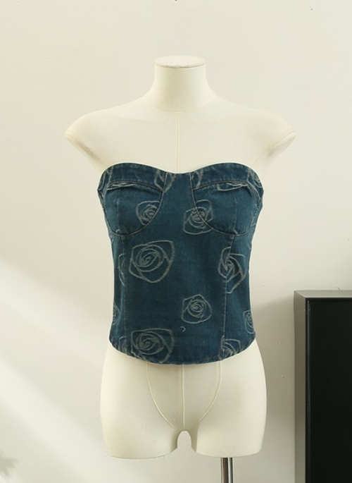 Blue Floral Bustier Denim Top | Joy - Red Velvet