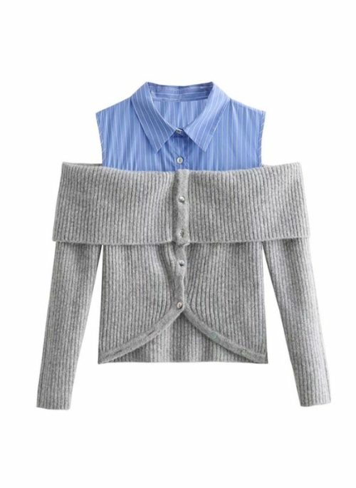 Grey Off-Shoulder Mock-Layer Cardigan | Kyujin - NMIXX