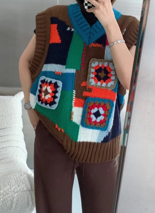 Brown Patching Pattern Knit Vest | Onew - SHINee