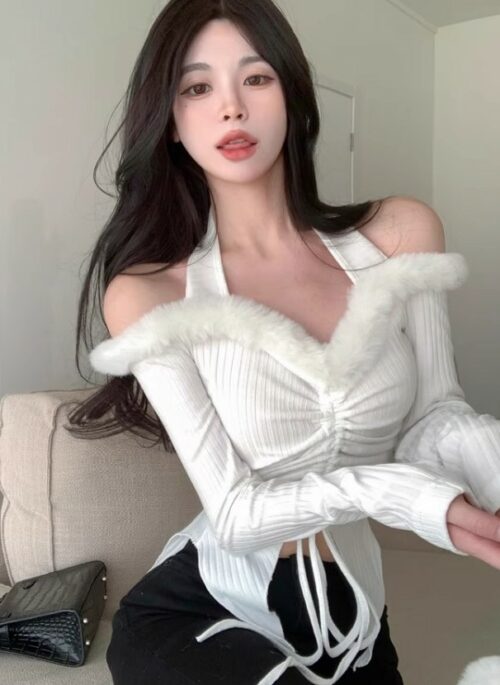 White Fur Off-Shoulder Drawstring Top | Karina - Aespa