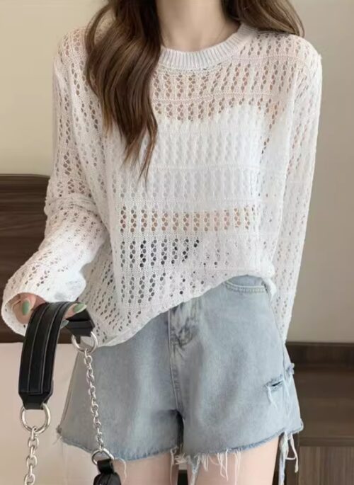 White Hollow Pattern Knitted Sweater | LeeKnow - Stray Kids