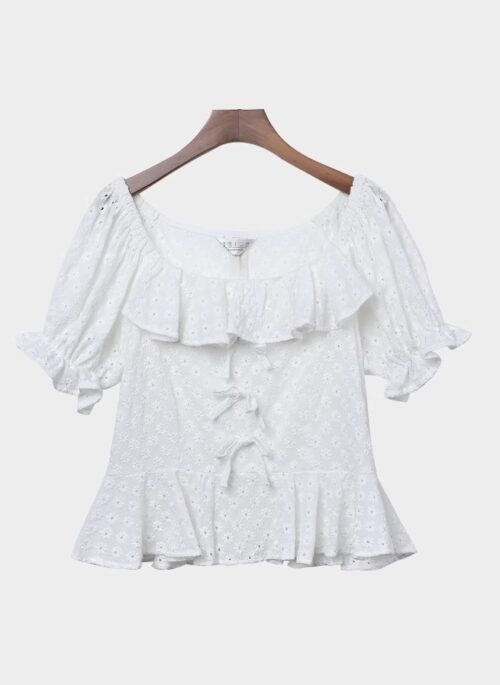 White Ruffled Puff Sleeves Bow Blouse | Wendy - Red Velvet
