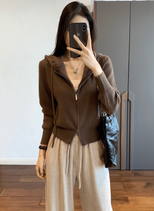 Brown Ribbed Hooded Jacket | Jennie - BlackPink