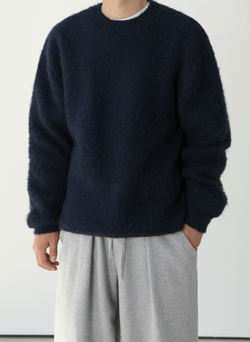 Navy Blue Plush Crew Neck Sweater | Mingyu - Seventeen