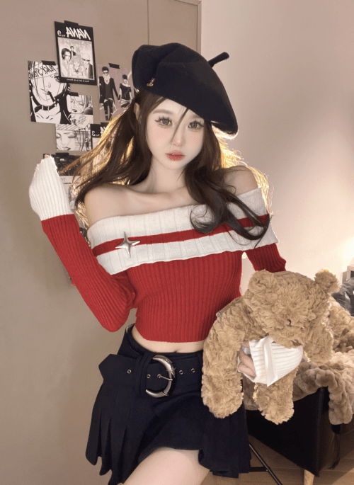 Red Off-Shoulder Knit Top | Pharita - BabyMonster